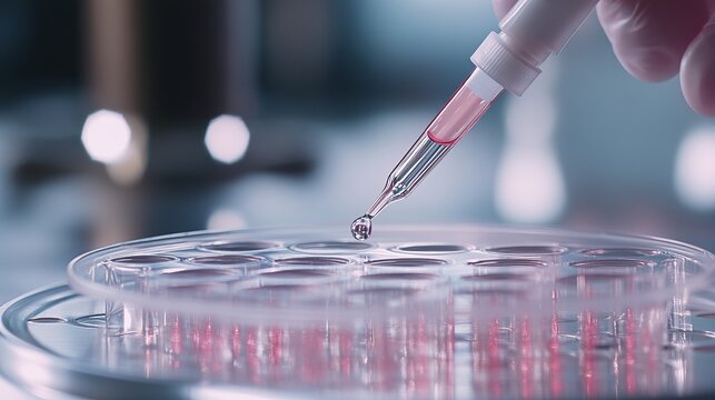 Pharmaceutical research scientist pipetting samples into multiwell plate