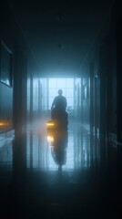 Dramatic Silhouette in Misty Corridor with Warm Lantern Glow.