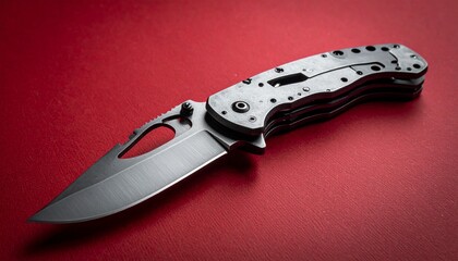 Tactical folding knife on red surface.