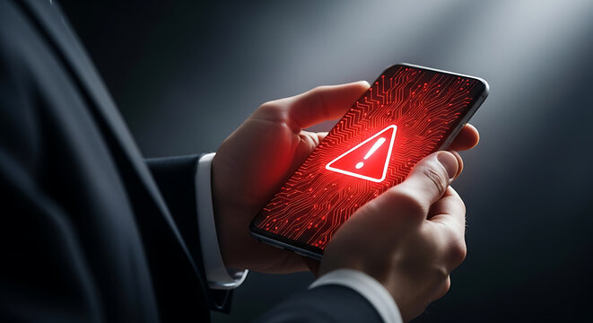 Person holding a smartphone displaying a red warning alert symbol with circuit board pattern. - Powered by Adobe