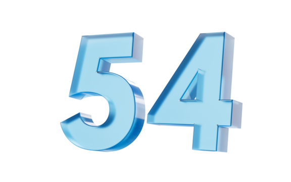 3d Glossy Blue number 54 Fifty four with a smooth finish and reflective highlights. 3d illustration