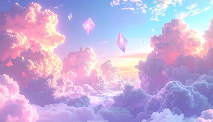 Dreamy skyscape with fluffy pink and white clouds, bathed in golden light, with floating crystalline shapes