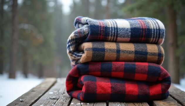 Stack of three folded soft flannel plaid blankets sits on rustic wooden table. Winter forest with snow is in background. Cozy warm textiles are ready for cold weather comfort outdoors.
