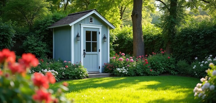 Small blue garden shed sits in vibrant backyard. Green lawn, varied flowers bloom around charming outdoor storage building. Sunny day in summer property adds much charm to rural country home