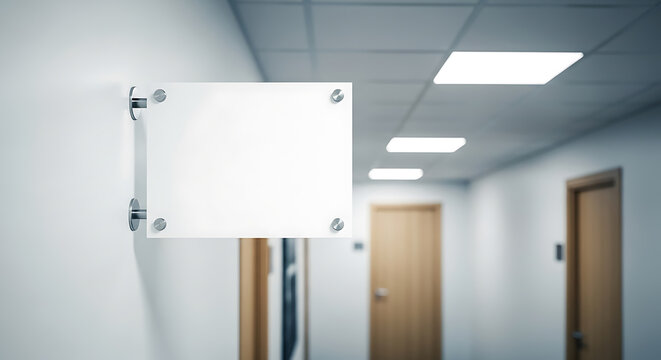 Blank white sign hanging on a wall in a modern office hallway.