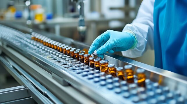 Pharmacist scientist in gloves inspecting medical vials on conveyor belt in pharmaceutical manufacturing factory