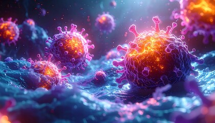 Digital rendering depicts viral spheres with spiky purple outer layers, glowing against a textured blue background