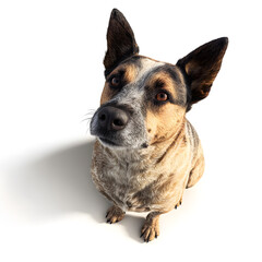 Obraz premium Aussie Dog's Gazing: An endearing Aussie dog is caught in a candid moment, staring upward with a blend of curiosity and charm. The shot offers a unique, upward perspective of the dog