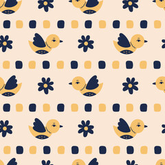 Flying Birds and Flowers Seamless Pattern. Scandinavian Songbird Background with Daisy Chamomile Blossoms and organic shapes. Abstract Geometric flat vector illustration