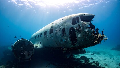 Sunken plane lies on ocean floor, weathered and covered in marine life in clear blue waters, a serene underwater scene