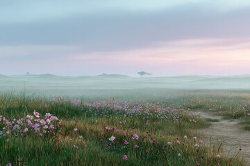 Pastel Colored Flowers In A Misty Field At Sunrise