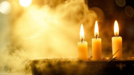 Three lit candles glowing in a serene ambient background  
