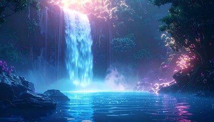 Magical waterfall cascading into a serene pond amid lush, glowing foliage