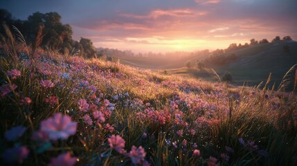 Pastel Flowers Field At Sunrise