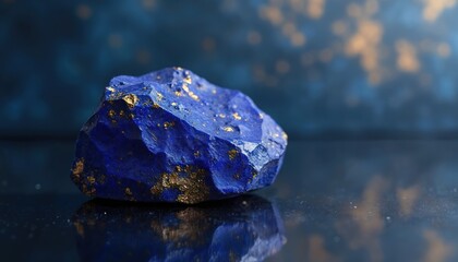 Rough lapis lazuli gemstone glows intensely on reflective dark surface. Deep blue mineral rock with striking golden pyrite inclusions shows natural beauty, rich texture. Precious crystal shines under