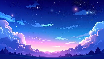 Cartoon depiction of a twilight sky with rolling clouds, stars, trees, and distant mountains