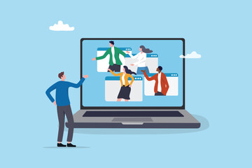 Fototapeta na wymiar Online meeting conference call, team work remotely with video chat monitor, seminar or remote discussion, staff meeting virtual talk, business people colleague meeting with online video conference.