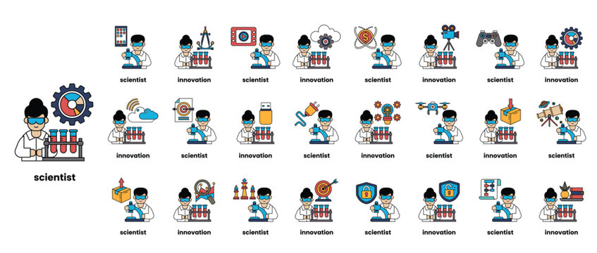 A series of cartoon images of scientists