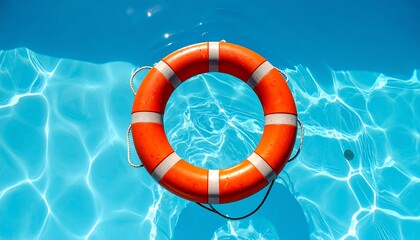 Orange and white life preserver floats serenely on the bright blue water's surface, reflecting sun rays