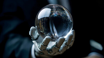 Futuristic AI Robot Hand Holding Reflective Crystal Ball with City Lights, Digital Future Prediction Concept
