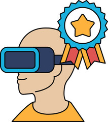 A man wearing a virtual reality headset with a star and a ribbon on his head