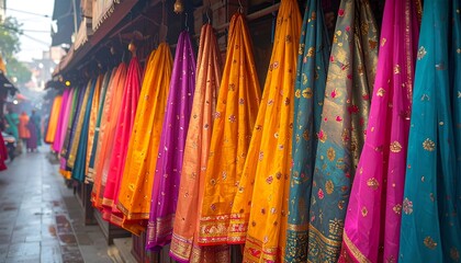 Vibrantly colored fabrics, hung in rows, create a lively marketplace scene with a blurred street in the background