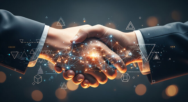 Business handshake with glowing network and data visualizations, showing partnership, agreement, and technology integration.