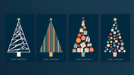 Four stylized Christmas trees in a row, each with a unique design and star topper, against a dark blue background.
