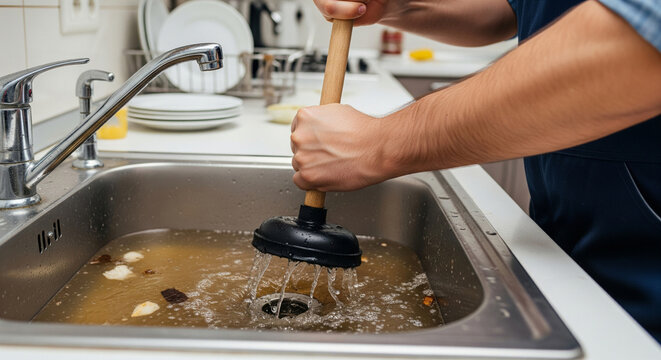 Plumber cleaning dirty clogged sink with plunger in kitchen. Close-up