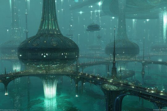 Submerged Futuristic City With Glowing Structures