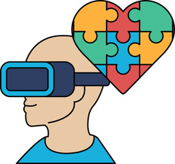 A man wearing a virtual reality headset is looking at a puzzle
