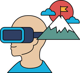 A man wearing a virtual reality headset is looking at a mountain
