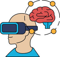 A man wearing a virtual reality headset is looking at a brain