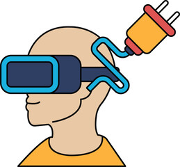 A man wearing a virtual reality headset with a cord attached to his head
