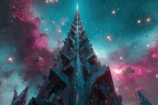 Futuristic Tower In Nebula Space