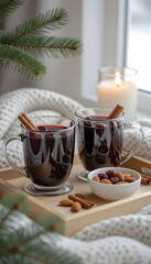 Cozy Indoor Winter Scene with Glogg, Candle, and Soft Textiles 
