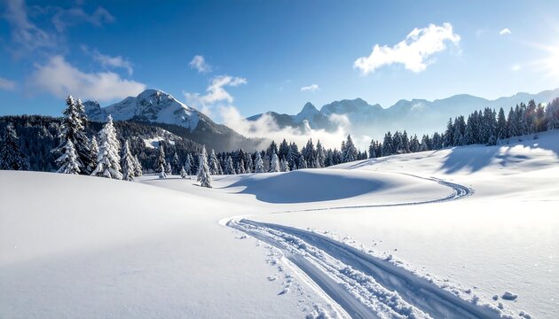 Winter wonderland scene with snowy meadow and pine trees under a bright blue sky with mountains in the distance