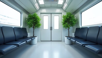 Modern empty high-speed train interior. Blue seats and green potted plants inside a moving train. Large windows show blurred scenery. Futuristic transport design with nature elements.
