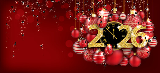 Hanging Red Baubles Christmas Golden Clock 2026