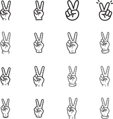 Fototapeta premium Victory Sign doodle line art collection. Includes line art symbols peace, v sign, two fingers, gesture, success and more. Isolated doodles. Victory Sign doodle set.