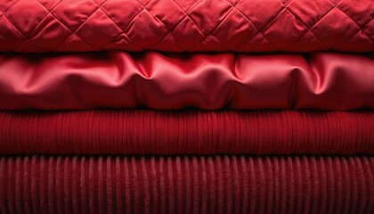 Obraz premium Rich red fabric layers stacked neatly. One is quilted, another shiny satin, then pleated, and finally ribbed plush. Diverse textures and finishes for home and fashion.