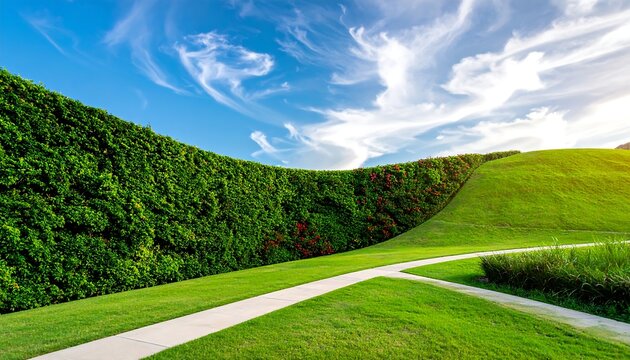 Serene landscape view of lush green hedges meeting a vibrant blue sky with wispy white clouds and intersecting paths
