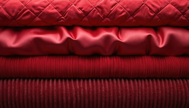 Rich red fabric layers stacked neatly. One is quilted, another shiny satin, then pleated, and finally ribbed plush. Diverse textures and finishes for home and fashion.