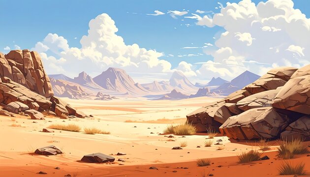 A vast desert scene with rocky outcrops, sparse vegetation, and distant mountains under a bright, cloudy sky