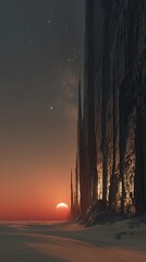 Pixelated Cityscape Sunset Over Dark Towers