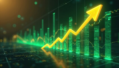 Fototapeta na wymiar Abstract digital green graph shows strong market growth. Yellow arrow moves upwards, reflecting increasing stock value, rising business profits. Data visualization indicates economic development,