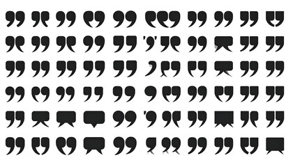 A grid of various black quotation marks in different shapes and sizes, all arranged against a white background
