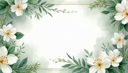 White flowers and green leaves frame a blank space with gold borders. Elegant floral design suitable for invitations or greeting cards. Delicate watercolor art, soft pastel colors.