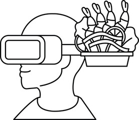 A man wearing a virtual reality headset with a tray of food on his head