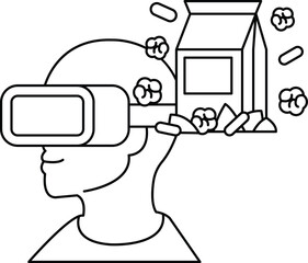 A man wearing a virtual reality headset is holding a box of popcorn